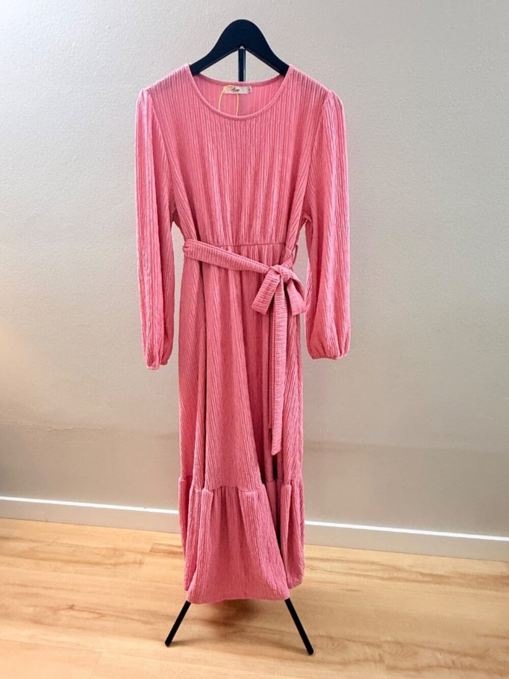 Maternity Maxi Dress Light Pink Long Sleeve w/ Belt & Pockets – Size L - 1060